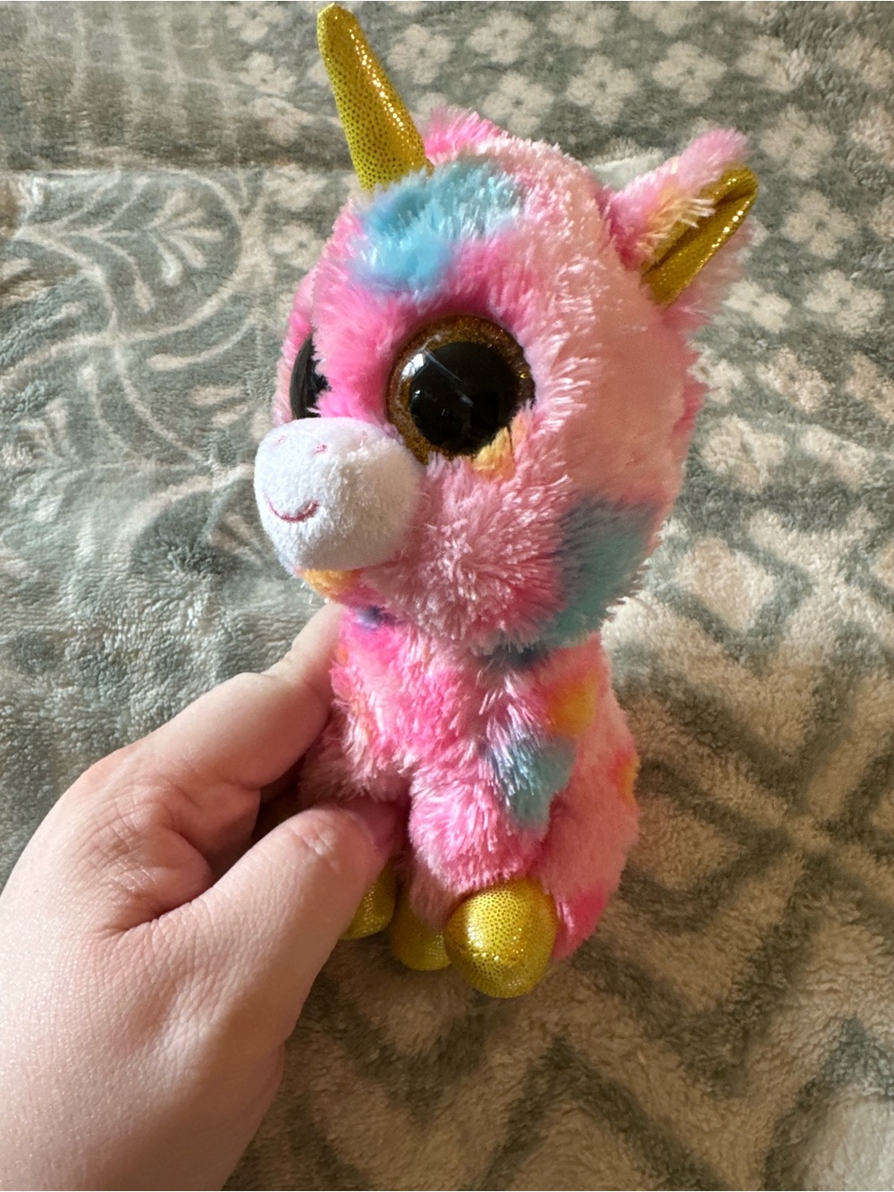 TY Plush Pink Rainbow Unicorn Stuffed Toy with Gold Accents Fantasia